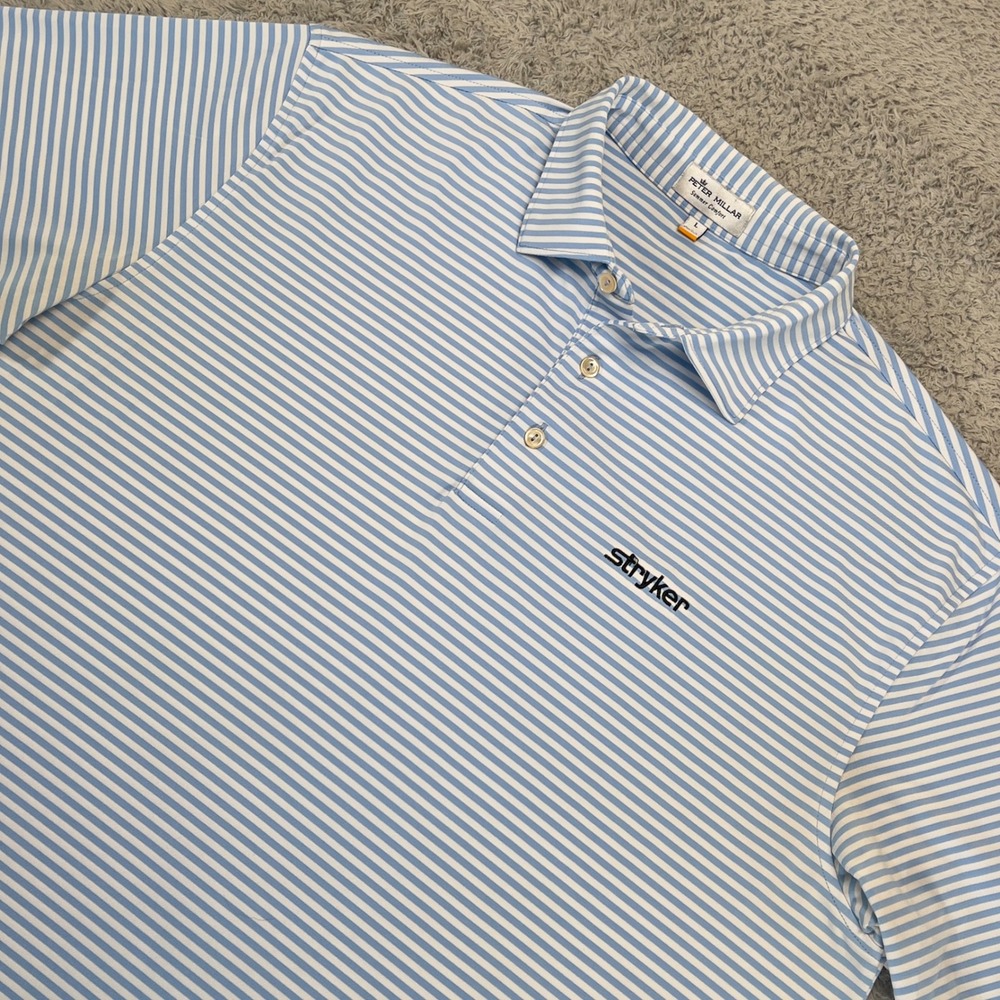 Peter Millar Summer Comfort Striped Golf Polo Shirt Blue Stryker Logo Mens Large